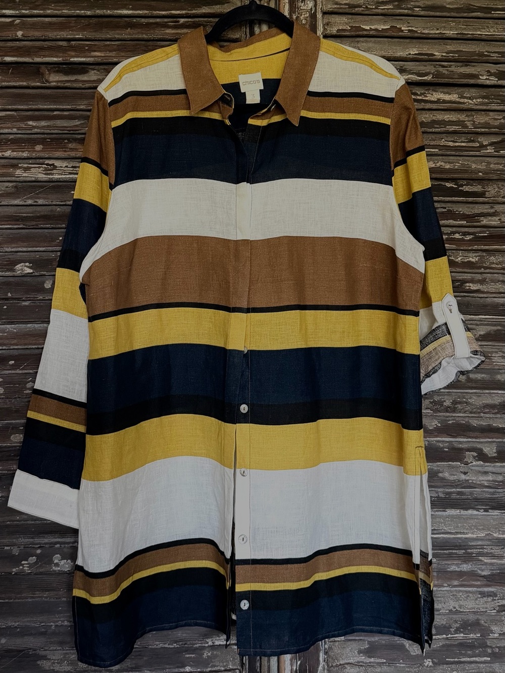 Chicos, linen, size 3, Striped Button-Up Shirt in Navy, Mustard & White